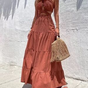 Elegant Rust Maxi Dress with Fringe Bag